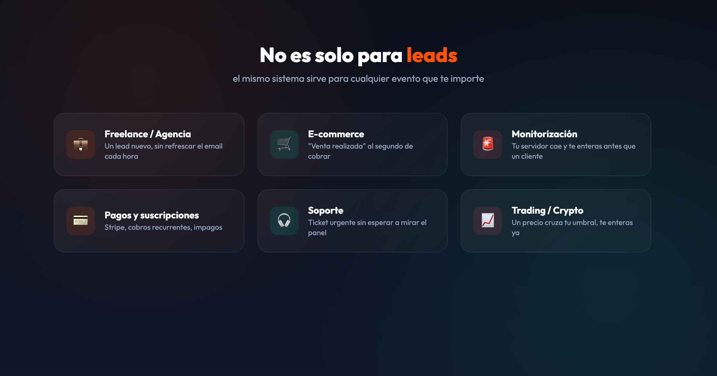 Seis casos de uso: freelance, e-commerce, monitorización, pagos, soporte y trading