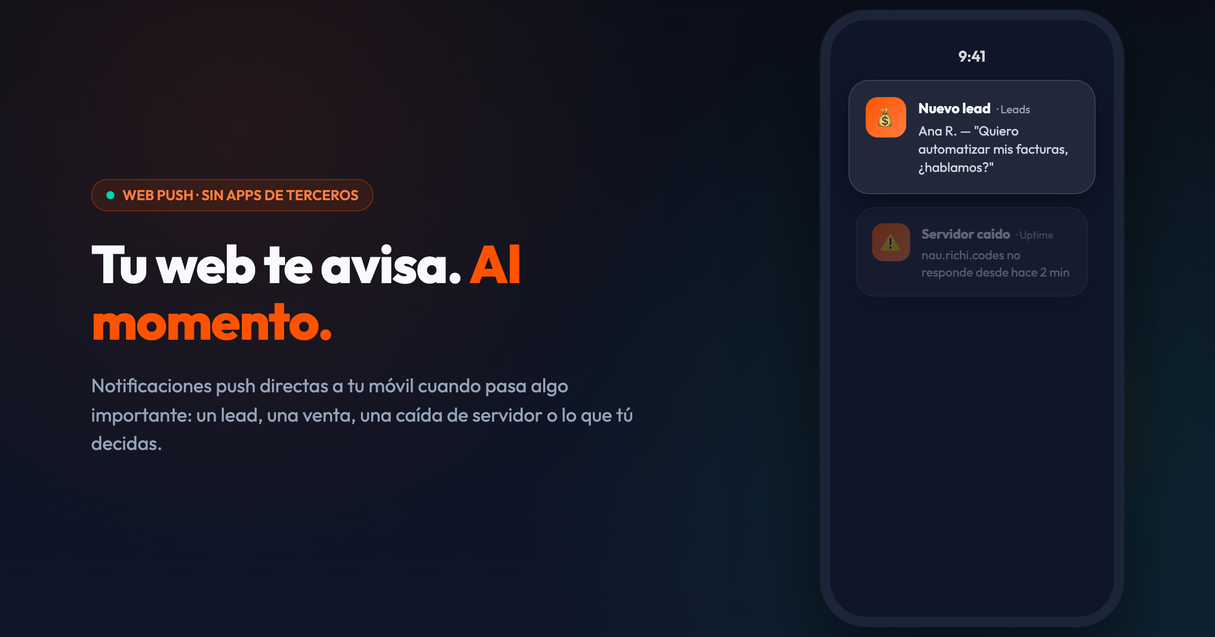 Tu web te avisa al momento: notificación push mostrando un lead nuevo y una alerta de servidor caído